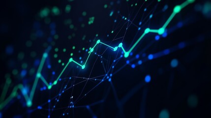 Leinwandbilder - A digital financial graph showing upward trends in blue and green lines on a dark background, with data points and grid lines in sharp focus.