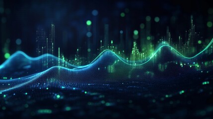 Leinwandbilder - A digital financial graph showing upward trends in blue and green lines on a dark background, with data points and grid lines in sharp focus.