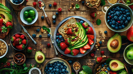 Wall Mural - healthy food table top view featuring avocado toast, fresh fruits like strawberries and blueberries, bowls of yogurt with granola and nuts, directly above view, all arranged on a rustic wooden table.