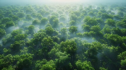Wall Mural - aerial view of lush green forest shrouded in morning mist at sunrise