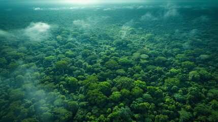 Wall Mural - expansive aerial view of lush green rainforest under a misty sky at dawn