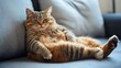 © Plaifah - A fat cat lounging on a couch, its soft belly spilling over the edge, looking completely relaxed.