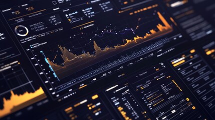 Leinwandbilder - A financial dashboard featuring multiple graphs related to gold prices, including line and bar charts, all with a modern, high-tech design.