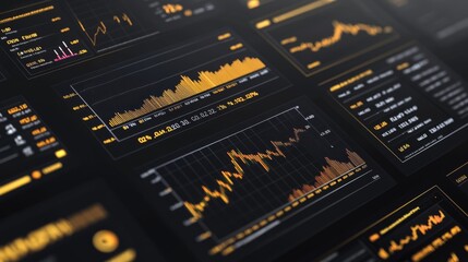 Aufkleber - A financial dashboard featuring multiple graphs related to gold prices, including line and bar charts, all with a modern, high-tech design.