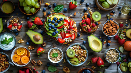 Wall Mural - healthy food table top view featuring avocado toast, fresh fruits like strawberries and blueberries, bowls of yogurt with granola and nuts, directly above view, all arranged on a rustic wooden table.