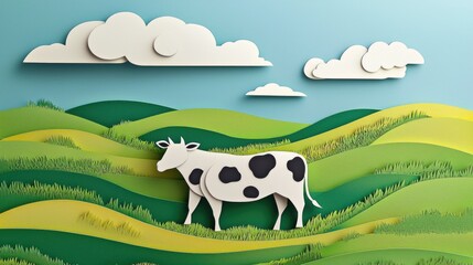 Wall Mural - paper cut style illustration cow colorful 3d filed green hills whimsical clouds