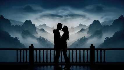 Poster - A couple kissing in front of a mountain range with fog, AI