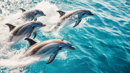 A group of dolphins swimming in a synchronized display, with splashing water and clear blue ocean highlighting their graceful movements.