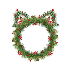 Wall Mural - creative christmas wreath with cat ears. round frame of coniferous branches decorated with cones and