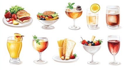 High-resolution vector illustrations of food and drink items, ideal for restaurant menus, on a white background