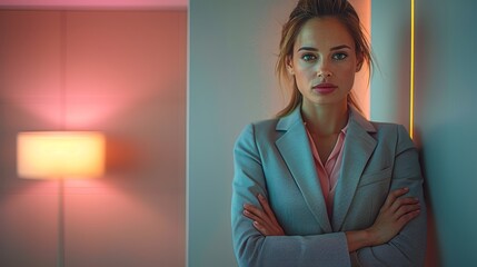 Wall Mural - A young woman stands confidently with crossed arms in a modern office setting, illuminated by soft pink and orange lighting