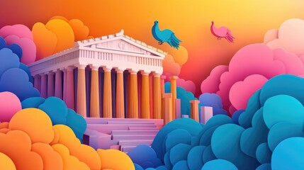 Wall Mural - paper cut style illustration Parthenon colorful 3d whimsical clouds