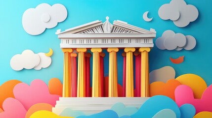 Wall Mural - paper cut style illustration Parthenon colorful 3d whimsical clouds