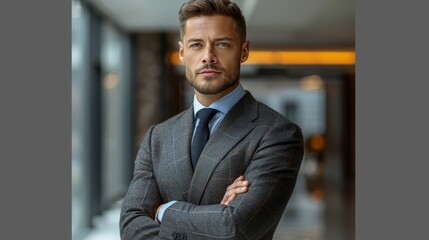 Wall Mural - Young professional man in formal attire stands confidently with arms crossed in a modern office setting during the day