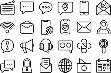 Wall Mural - Communication related concept such as Chat bubble, phone, email, letter, mailbox & many more editable stroke outline icons isolated on white background flat vector illustration