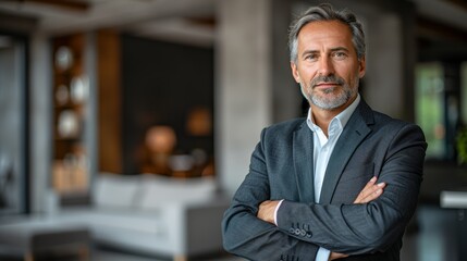 Wall Mural - Confident middle-aged businessman in smart attire stands with arms crossed in a modern office setting