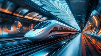 Poster - A panoramic view of a high-speed train arriving at a futuristic station, with a focus on the sleek design of the train and the architectural features of the station.
