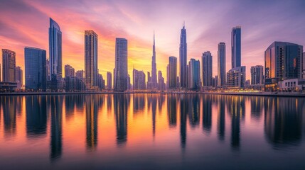 Poster - A panoramic view of tall skyscrapers reflecting in a river at sunset, with the city skyline illuminated and the water creating a stunning mirror effect.