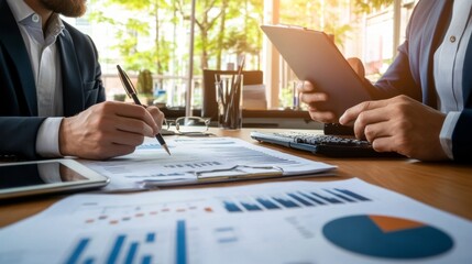 Fototapete - A professional setting with a financial advisor discussing banking strategies with clients, surrounded by charts and documents on a sleek desk.