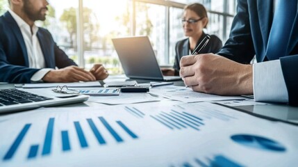 Fototapete - A professional setting with a financial advisor discussing banking strategies with clients, surrounded by charts and documents on a sleek desk.