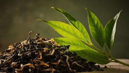 Wall Mural - Dried Herbal Leaves with Fresh Green Leaves on Rustic Table