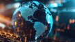 © 69 - A globe with a web of financial networks, representing the global stock market and economic connections.