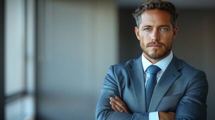 Wall Mural - Confident businessman stands with arms crossed in a modern office setting during daylight