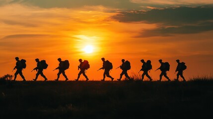 A group of soldier silhouettes walking at dusk, framed by the rich colors of the setting sun, conveying a sense of duty and honor