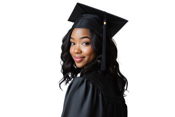 Portrait of Black female college graduate with graduation dress on transparent background