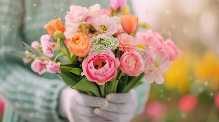 Sticker - Delicate Hands Holding Vibrant Gerbera Flowers in a Softly Lit Setting