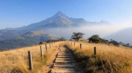 Wall Mural - Sunrise Over Mountain Trail With Wooden Pathway in Autumn