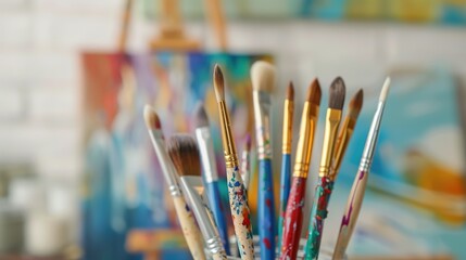 Creative Collection of Paintbrushes in Jar with Canvas Background - Artistic Tools for Painting Inspiration