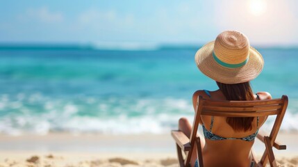 Canvas Print - Relaxing Woman in Straw Hat by the Turquoise Ocean at a Tropical Beach