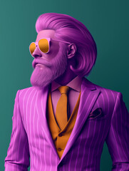 Wall Mural - A pastel light purple man wearing sunglasses, confidently standing and posing in a modern business suit. This abstract portrait blends the rawness of wild nature with the sophistication of refined sty