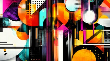 Leinwandbilder - A vibrant, abstract graphic design featuring bold geometric shapes and bright colors, with a modern and dynamic composition ideal for digital backgrounds.