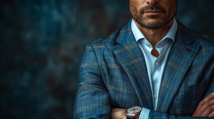 Man in stylish blue checked blazer standing confidently with arms crossed against a textured dark background