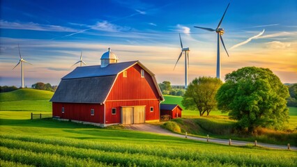 Serene rural landscape featuring a rustic red barn, lush green fields, and towering wind turbines set against a clear blue sky in Ohio countryside.