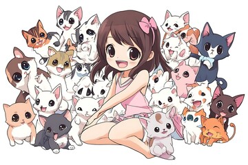 Canvas Print - Cute Anime Girl Surrounded by Adorable Kittens.