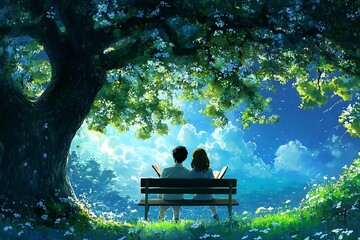 Poster - Couple Reading Under a Tree with a Beautiful View.