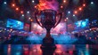 © Digital Dreamscapes - Giant trophy on an esports stage with large screens, neon lights, and smoke, symbolizing victory in a video game competition or e-sport championship.