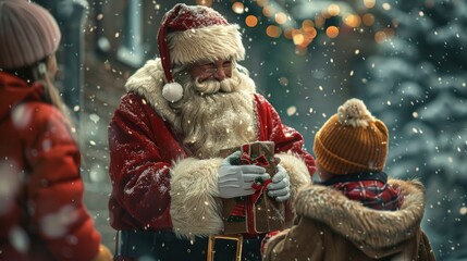 Wall Mural - Festive image of kids interacting with Santa, filled with smiles and cheer, embracing the Christmas spirit and family tradition.