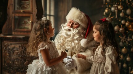 Wall Mural - Festive image of kids interacting with Santa, filled with smiles and cheer, embracing the Christmas spirit and family tradition.