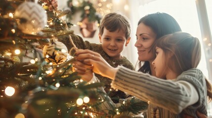 a cozy image of families decorating the christmas tree with garlands and tinsel, getting into the fe