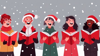 Joyful group of carolers singing traditional Christmas songs outdoors, spreading warmth and festive cheer in the winter night.