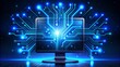 © Sirinporn - Vibrant, stylized illustration of a futuristic computer with glowing blue circuits, swirling code, and pulsing lights, set against a dark, gradient blue background.