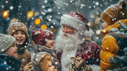 Wall Mural - Festive image of kids interacting with Santa, filled with smiles and cheer, embracing the Christmas spirit and family tradition.