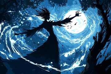 Sticker - Silhouette of a woman in a dark robe with long flowing hair, reaching for the moon.