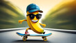 © Galeno - digital drawing cute banana character cruising skateboard featuring adorable face stylish cap