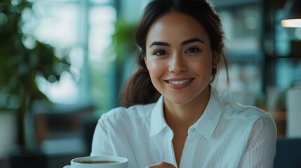 Wall Mural - Confident Businesswoman Enjoying Coffee in Office Generative AI