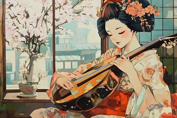 Sticker - Woman in Traditional Japanese Kimono Plays a Musical Instrument by a Window with Cherry Blossoms.